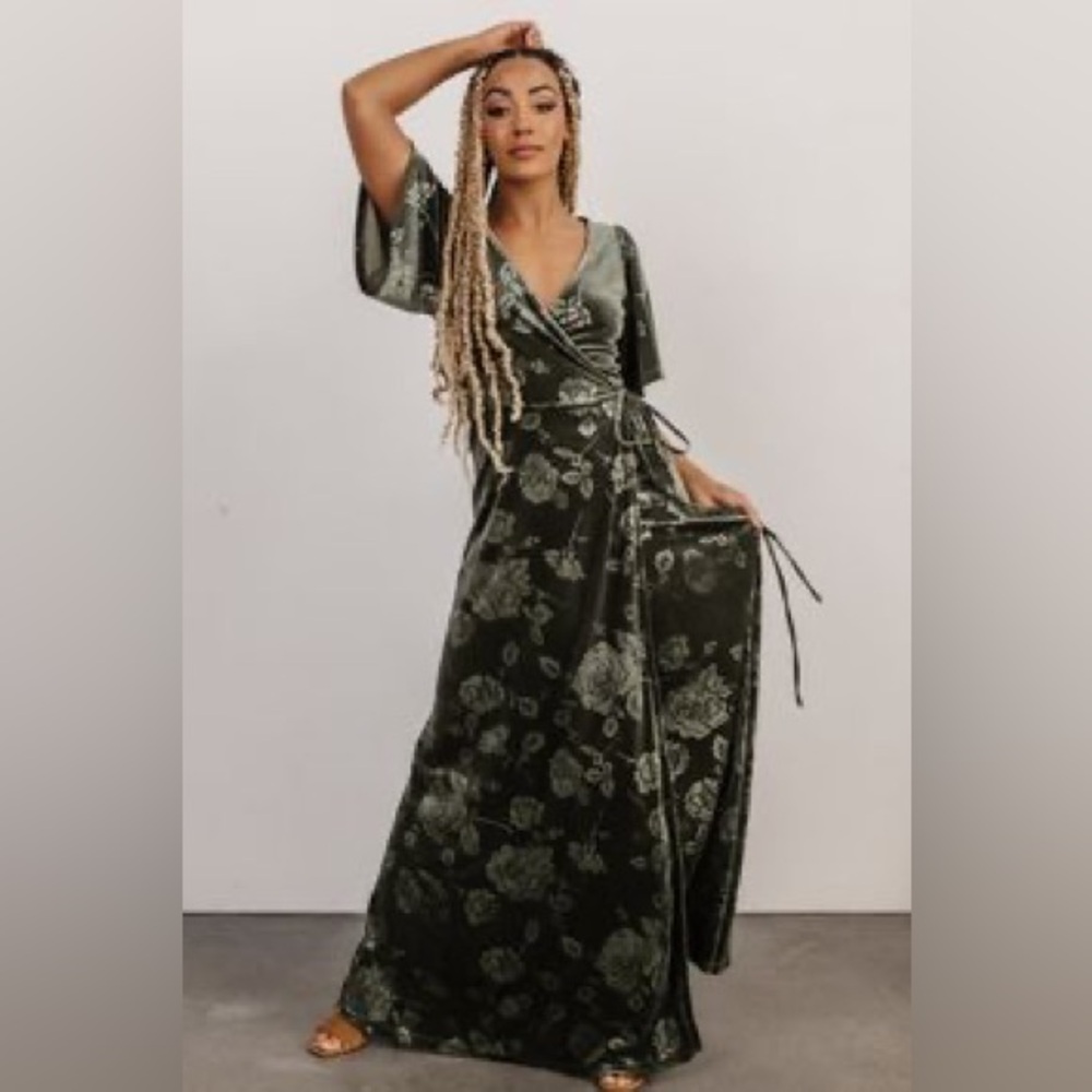 Baltic Born Dark Olive Green Floral Velvet Wrap Maxi Dress